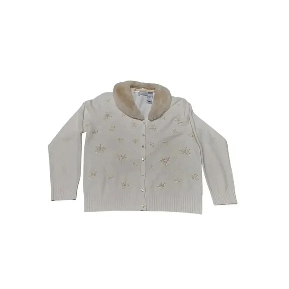 Vintage Liz Claiborne Cardigan Cream  Sweater Embroidered Fur detachable Collar - Picture 1 of 9